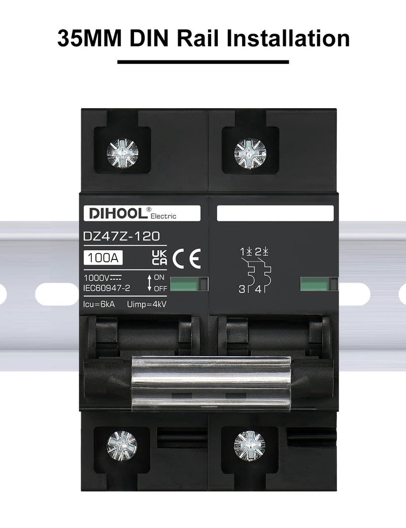 DIHOOL DC Circuit Breaker 100 Amp Solar Disconnect Switch 2p 1000V for PV, UPS, RV Battery,DIN Rail Mount… - Image 5